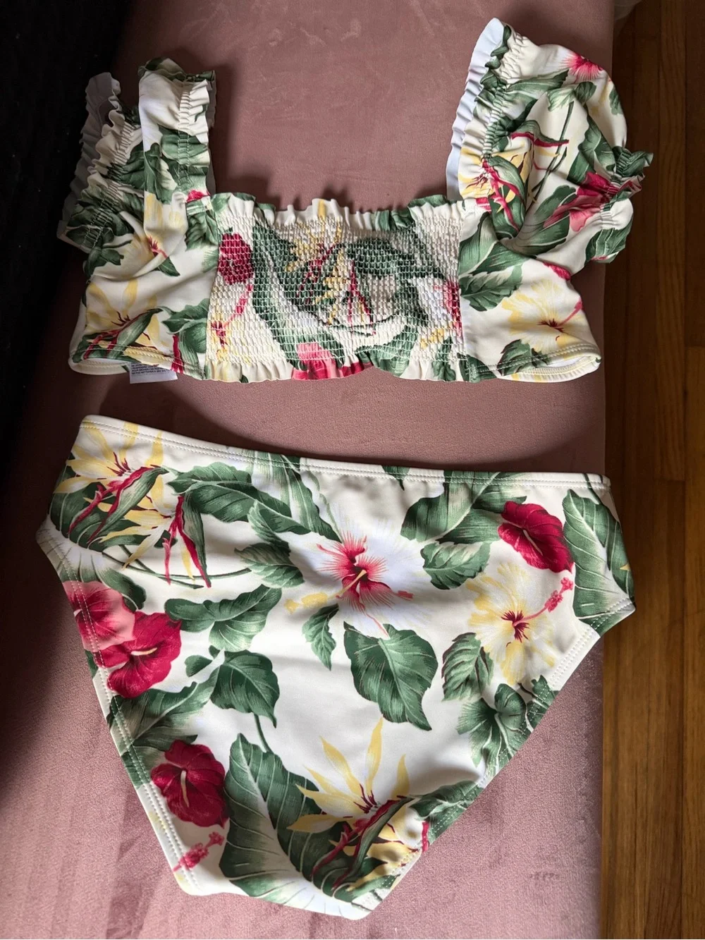 Janie and Jack Cream Floral Kids Bikini with Green and Pink Accents
